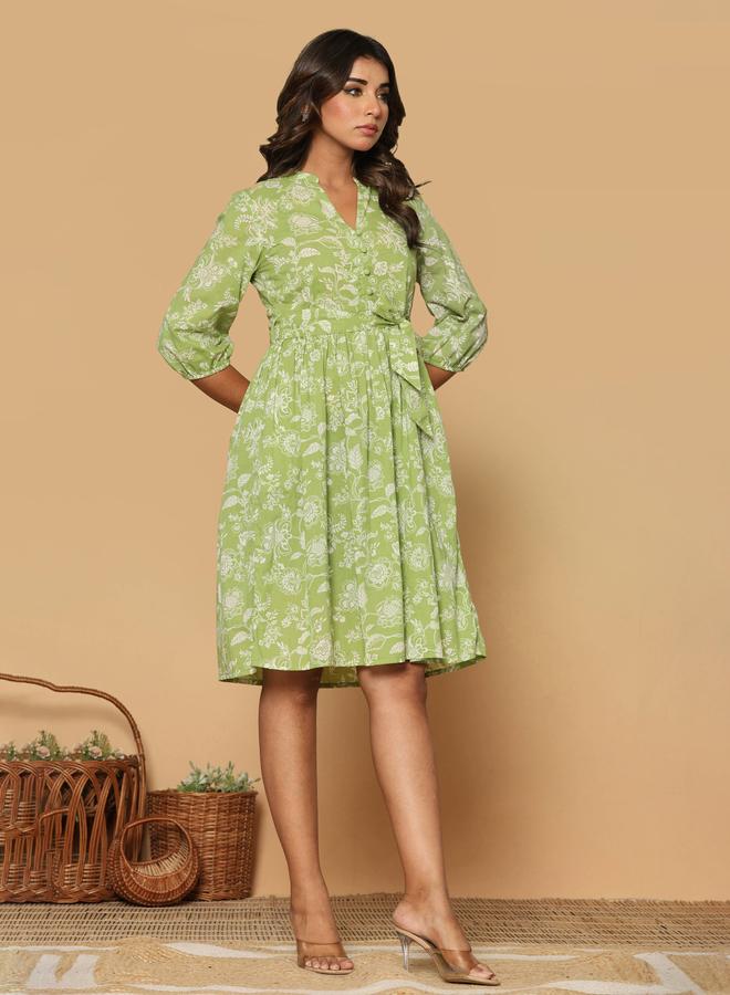 KASYA Green Cotton Printed Bell Sleeve Dress - Image 3
